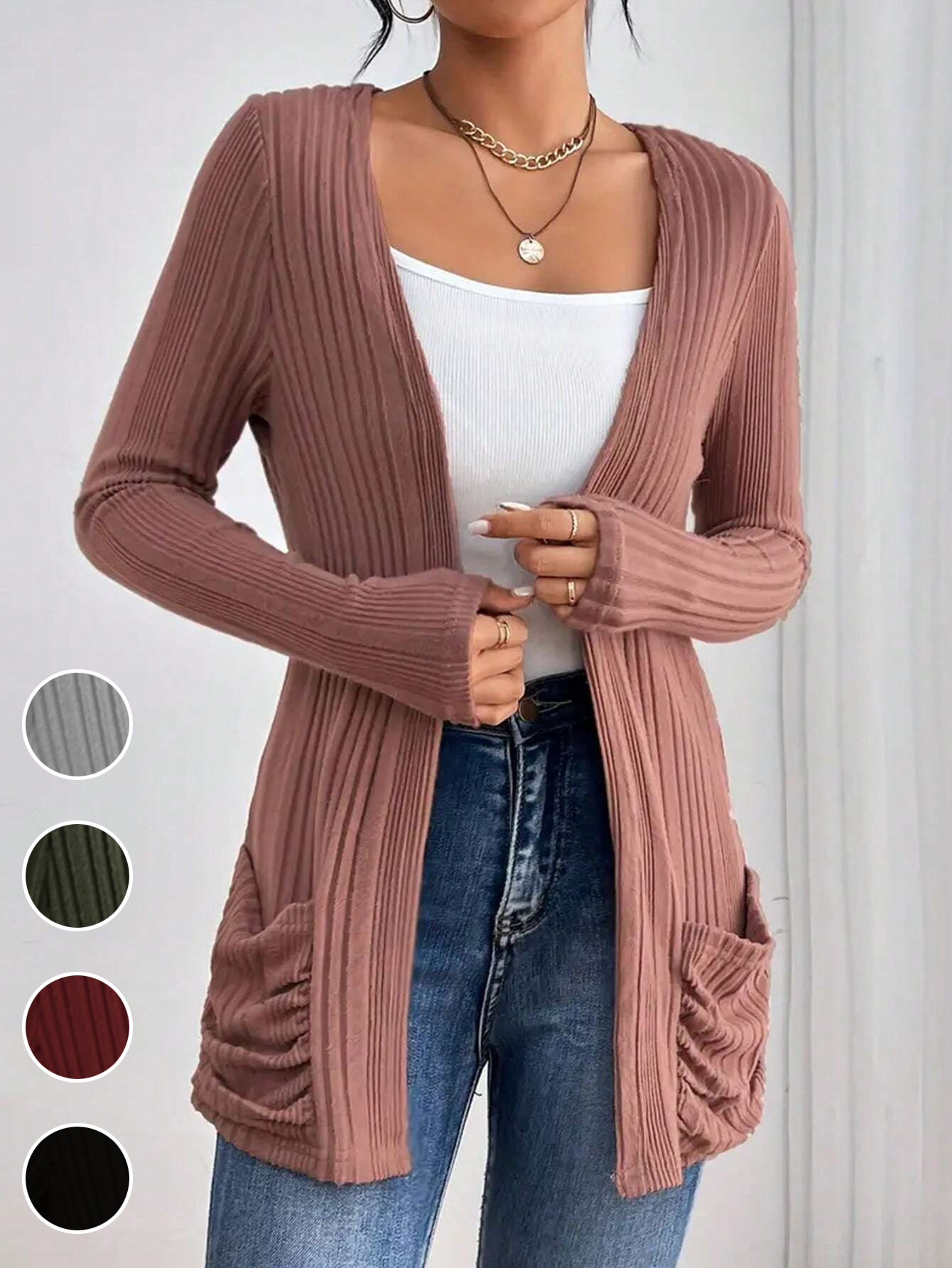 Élasticité moyenne Manches Longues Régulier Plain Kimono Poche Couture pour Femmes