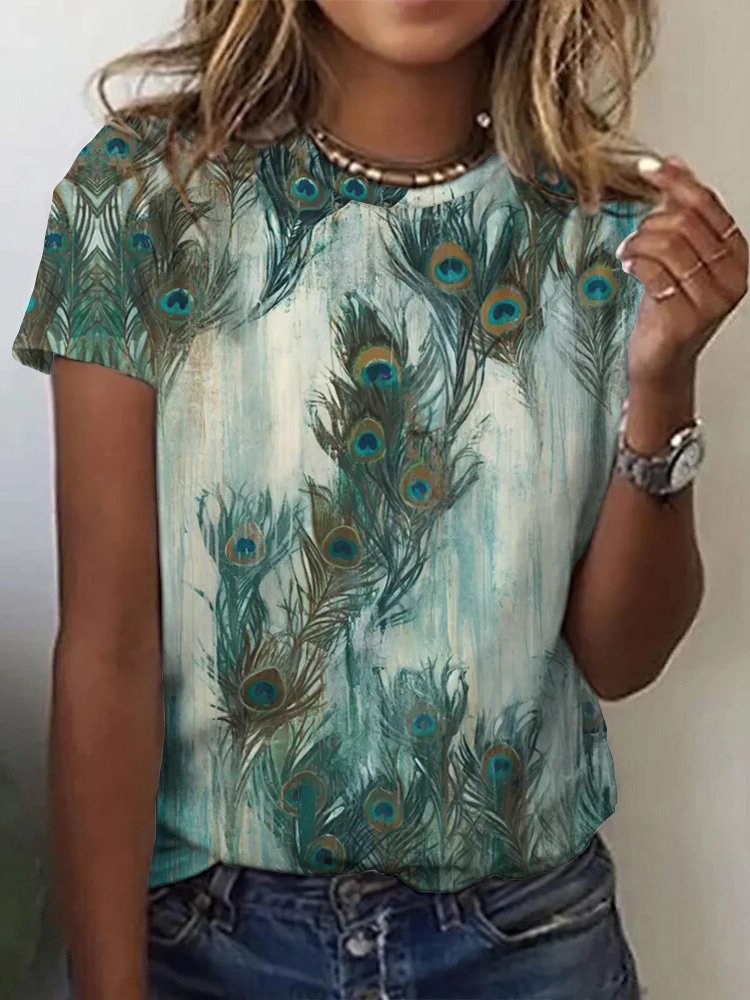 T-shirts Femmes Décontracté Été Bleu Paon Quotidien Ample Manches Courtes Régulier Droit Non