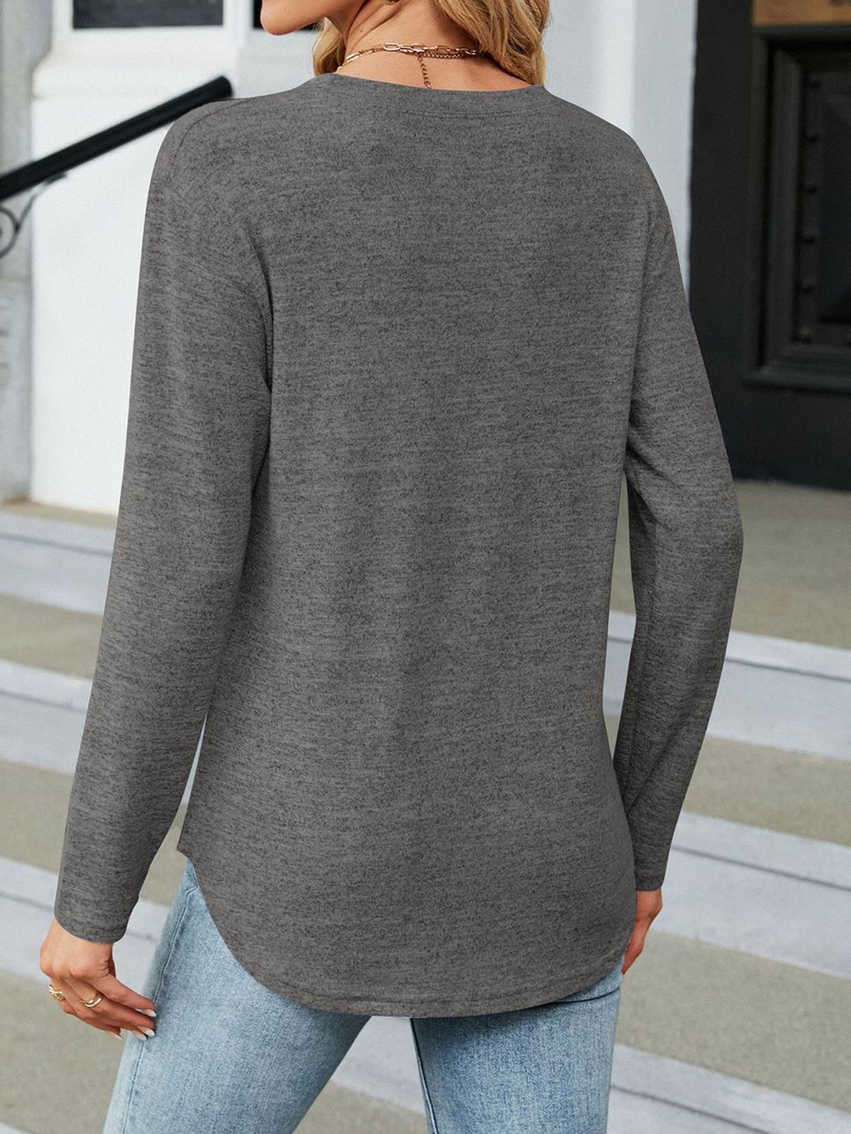 T-shirts Décontracté Plain Printemps / Automne Micro-élasticité Quotidien Ample Col Rond Droit Boucle pour Femmes