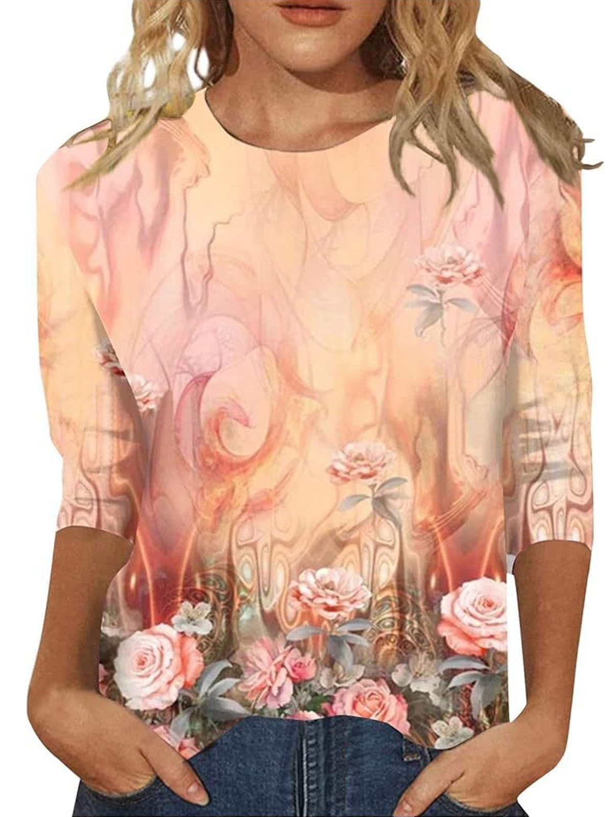 T-shirts Décontracté Ethnique Printemps / Automne Micro-élasticité Quotidien Manches trois quarts Col Rond Régulier Régulier pour Femmes