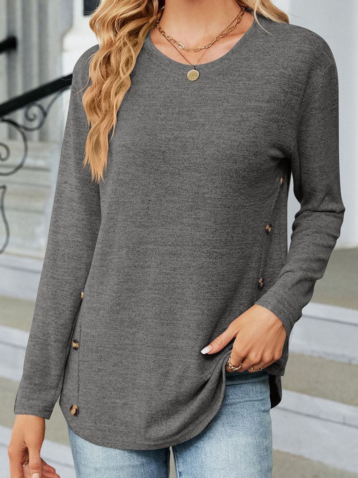 T-shirts Décontracté Plain Printemps / Automne Micro-élasticité Quotidien Ample Col Rond Droit Boucle pour Femmes
