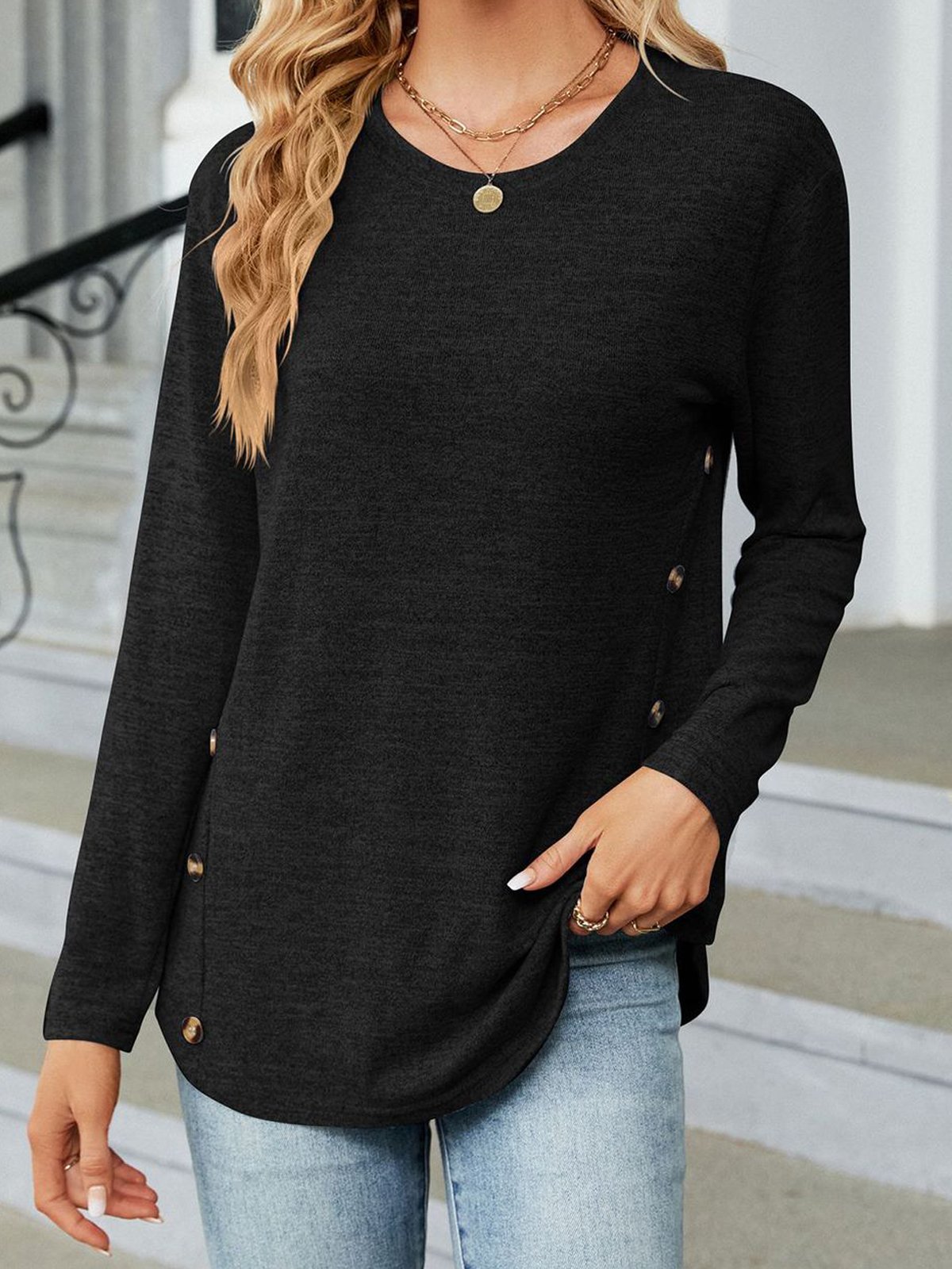 T-shirts Décontracté Plain Printemps / Automne Micro-élasticité Quotidien Ample Col Rond Droit Boucle pour Femmes