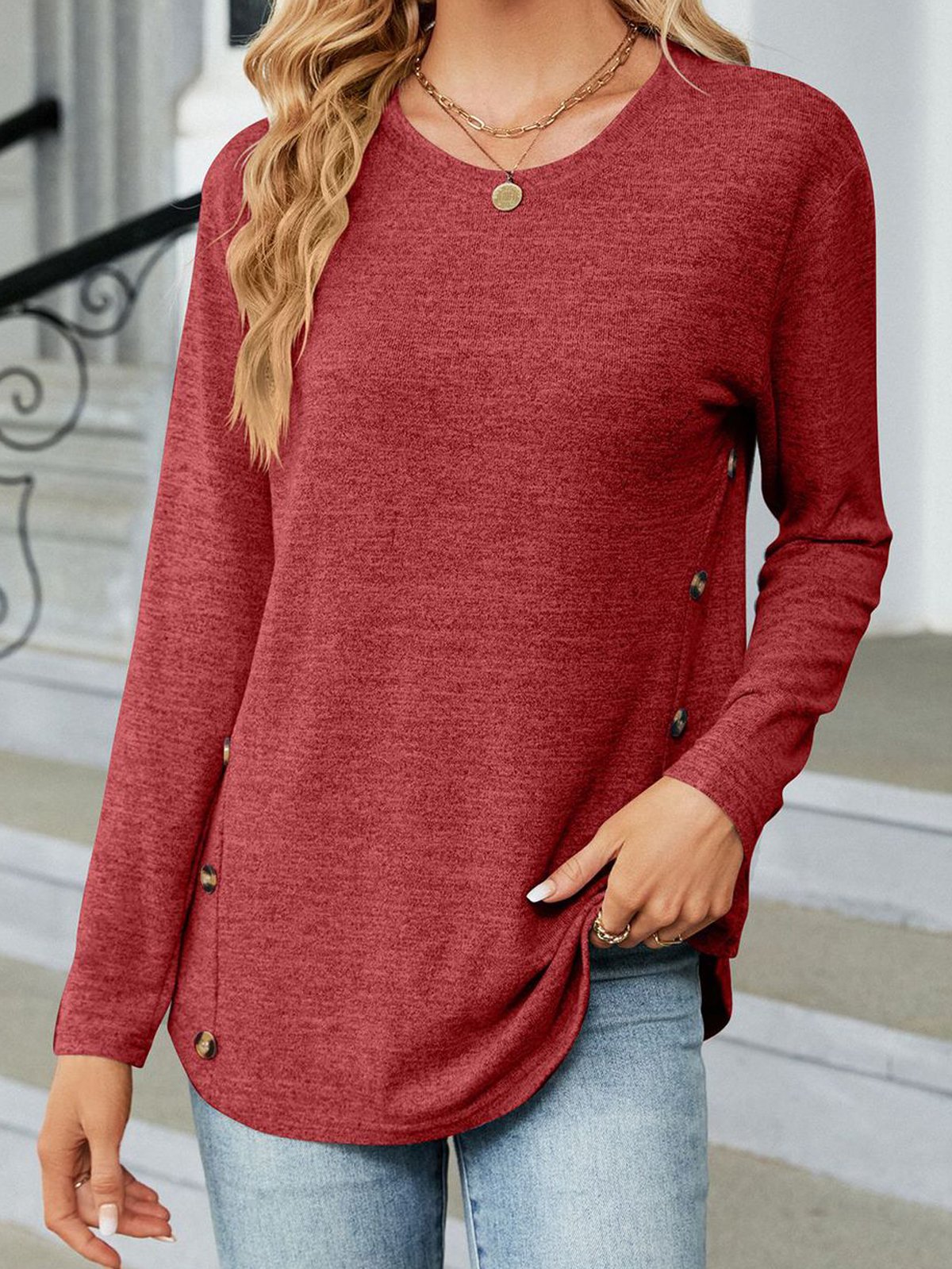 T-shirts Décontracté Plain Printemps / Automne Micro-élasticité Quotidien Ample Col Rond Droit Boucle pour Femmes