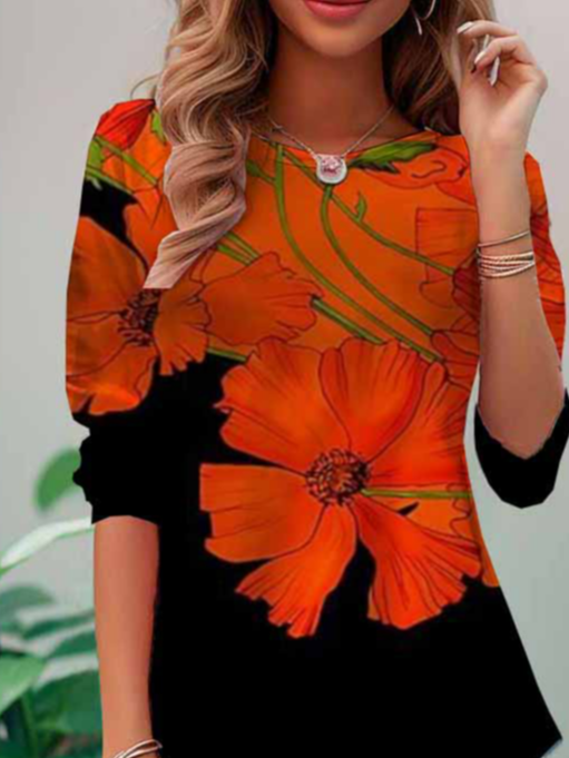T-shirts Femmes Décontracté Floral Printemps / Automne Polyester Quotidien Ample Manches Longues Col Rond Mi-long