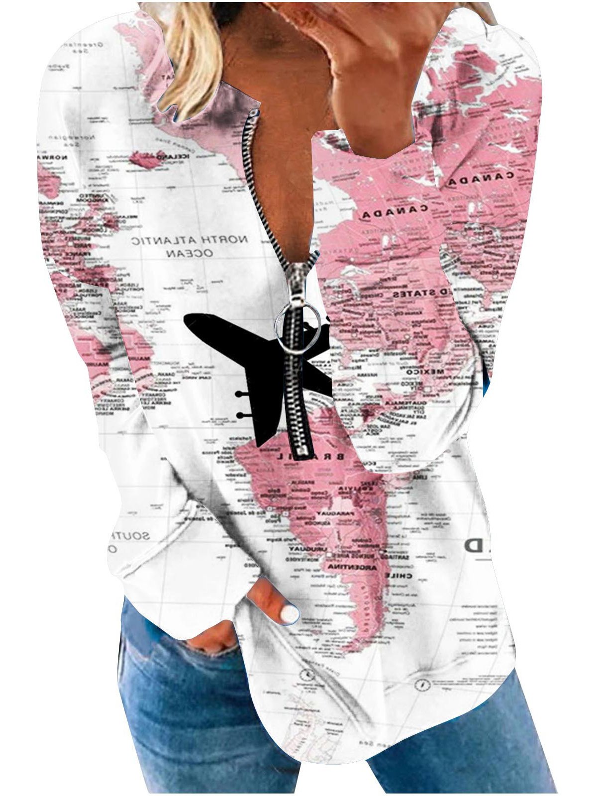Sweat-shirts Femmes Décontracté Carte Printemps / Automne Zip Micro-élasticité Quotidien Régulier Droit Col mi-ouvert