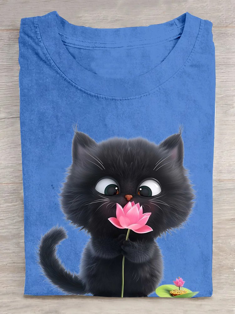 T-shirts Femmes Décontracté Été Chat Coton Ample Manches Courtes Droit Régulier Élasticité moyenne