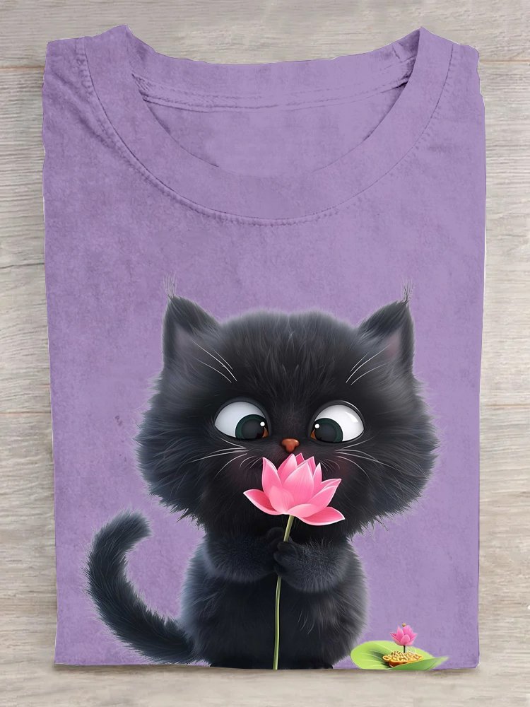 T-shirts Femmes Décontracté Été Chat Coton Ample Manches Courtes Droit Régulier Élasticité moyenne