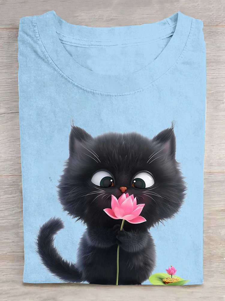 T-shirts Femmes Décontracté Été Chat Coton Ample Manches Courtes Droit Régulier Élasticité moyenne