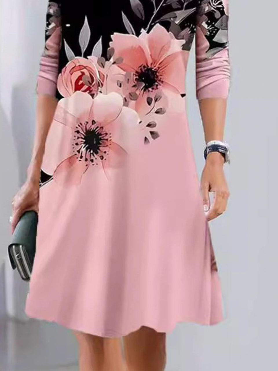 Femmes Floral Rose Col Rond Confortable Robe Mi-Longue Décontracté