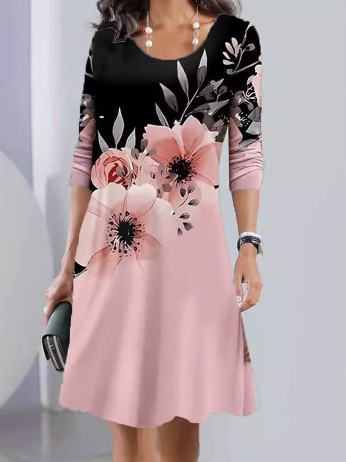 Femmes Floral Rose Col Rond Confortable Robe Mi-Longue Décontracté