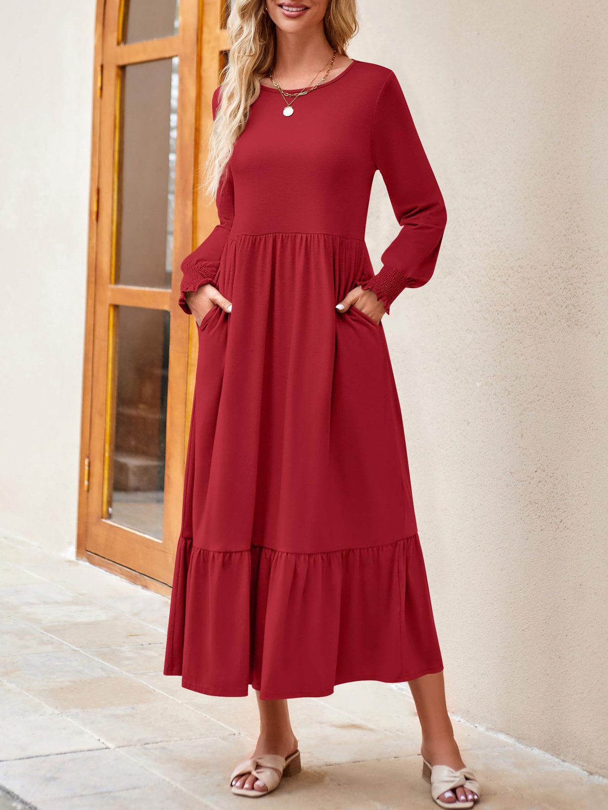 Femmes Plain Noir Col Rond Confortable Robe Maxi Décontracté
