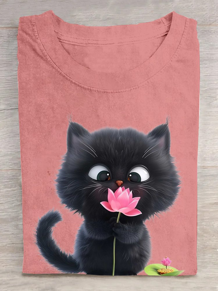 T-shirts Femmes Décontracté Été Chat Coton Ample Manches Courtes Droit Régulier Élasticité moyenne