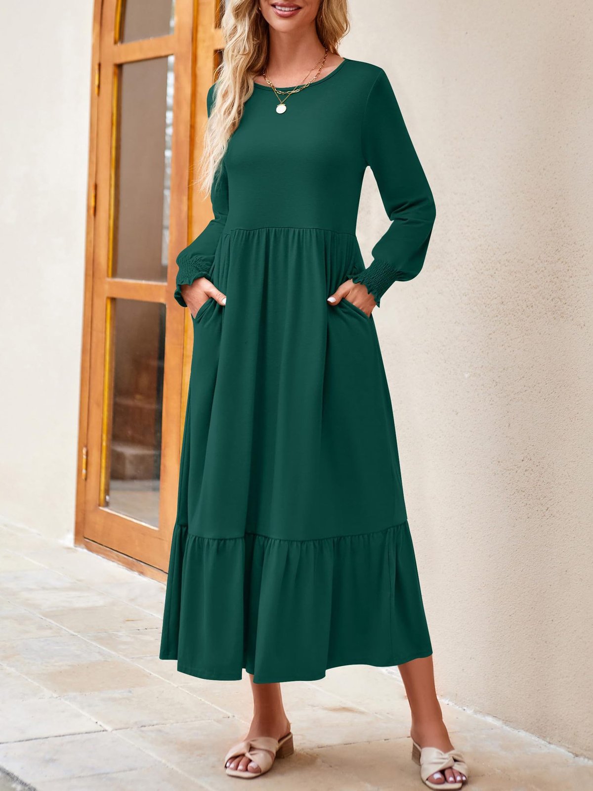 Femmes Plain Noir Col Rond Confortable Robe Maxi Décontracté