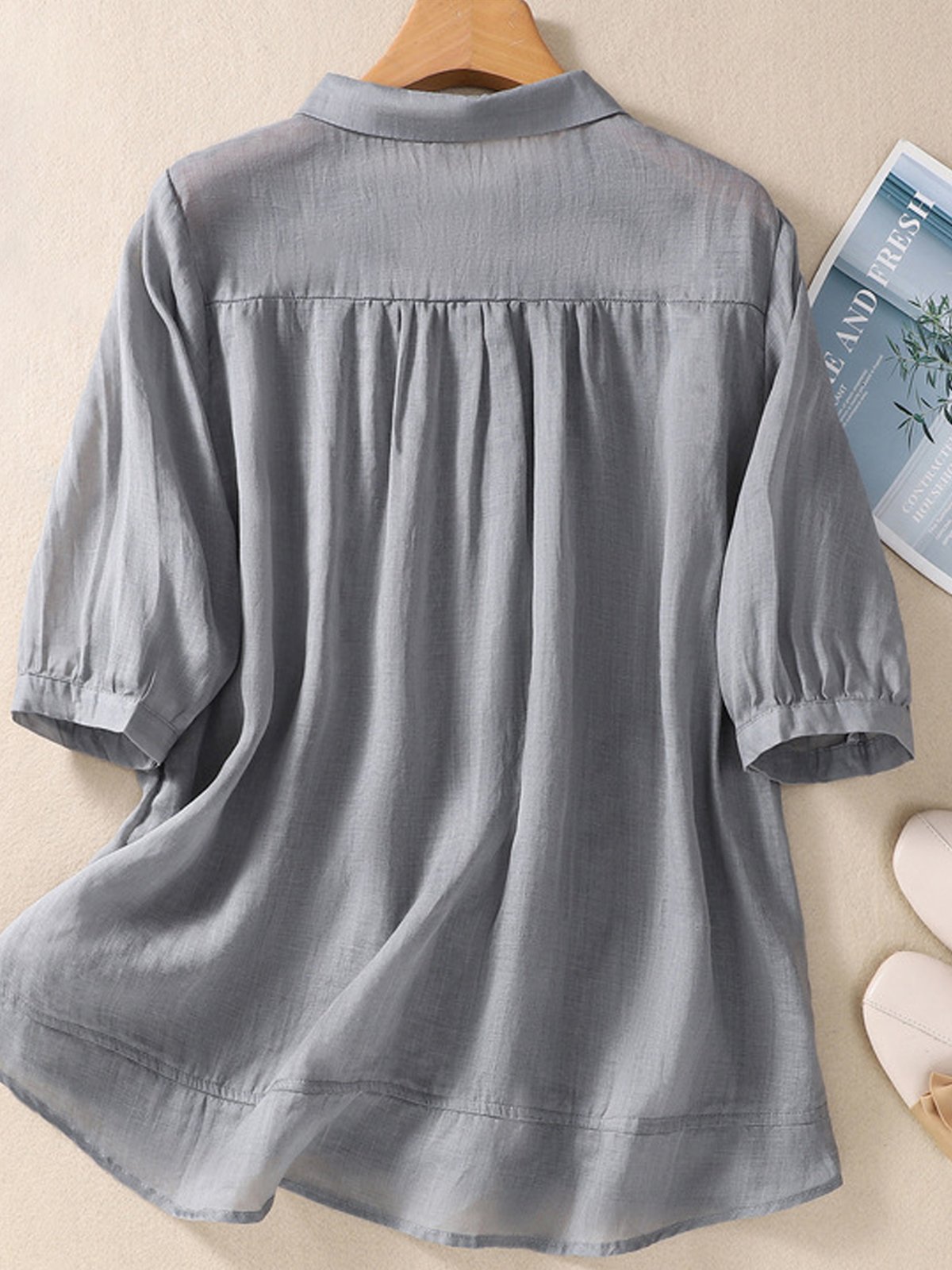 Chemisiers1 Femmes Décontracté Plain Printemps / Automne Aucune élasticité Coton Et Lin Régulier Droit Régulier Col de Chemise