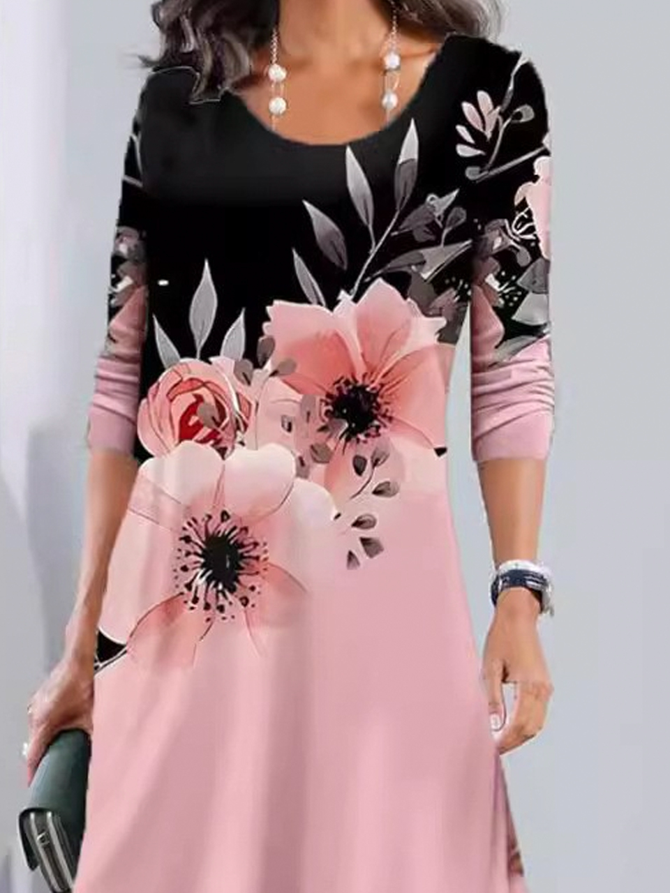 Femmes Floral Rose Col Rond Confortable Robe Mi-Longue Décontracté