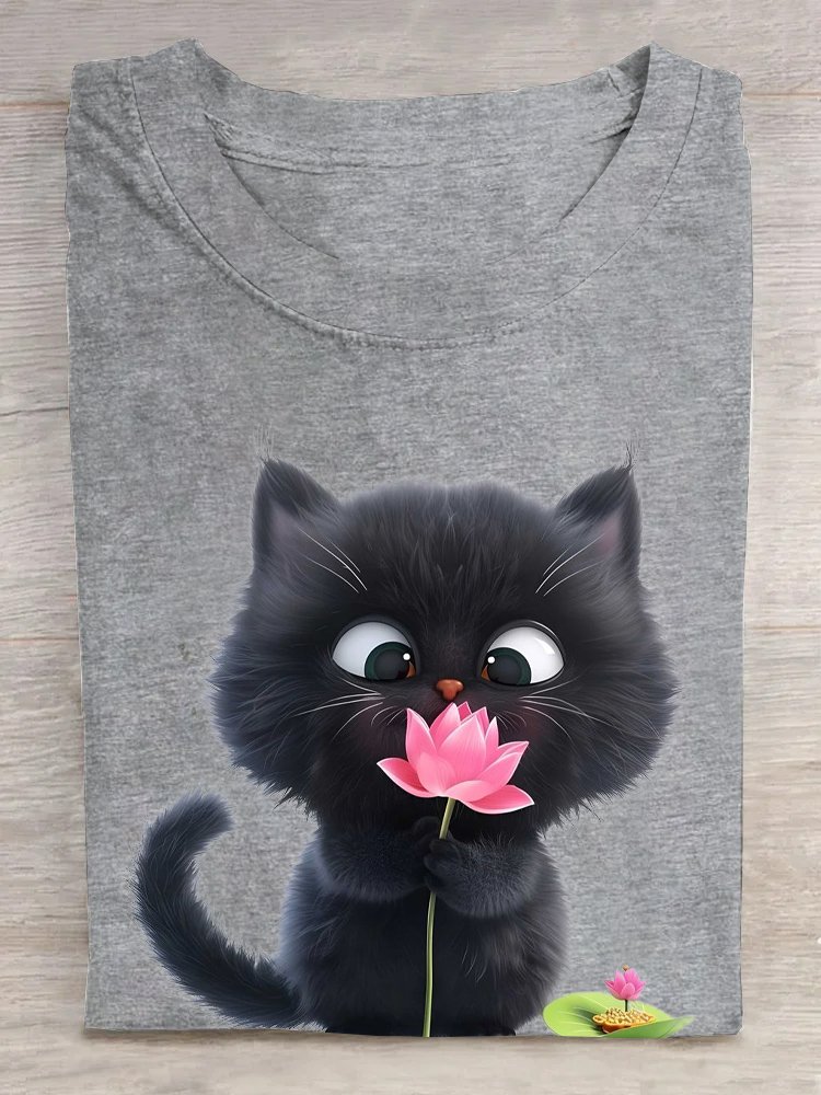 T-shirts Femmes Décontracté Été Chat Coton Ample Manches Courtes Droit Régulier Élasticité moyenne