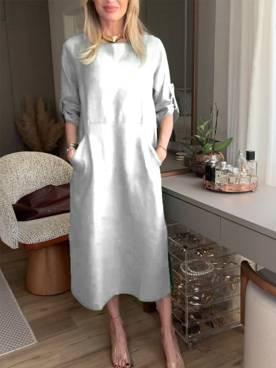 Femmes Plain Blanc Col Rond Confortable Robe Mi-Longue Décontracté