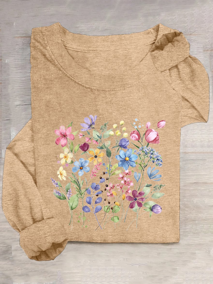 T-shirts Décontracté Floral Printemps / Automne Quotidien Ample Manches Longues Col Rond en Mélangé de Coton Régulier pour Femmes