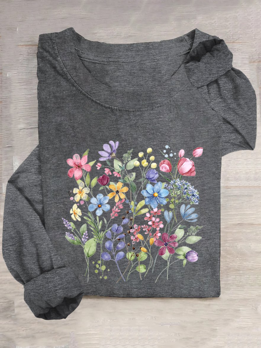 T-shirts Décontracté Floral Printemps / Automne Quotidien Ample Manches Longues Col Rond en Mélangé de Coton Régulier pour Femmes