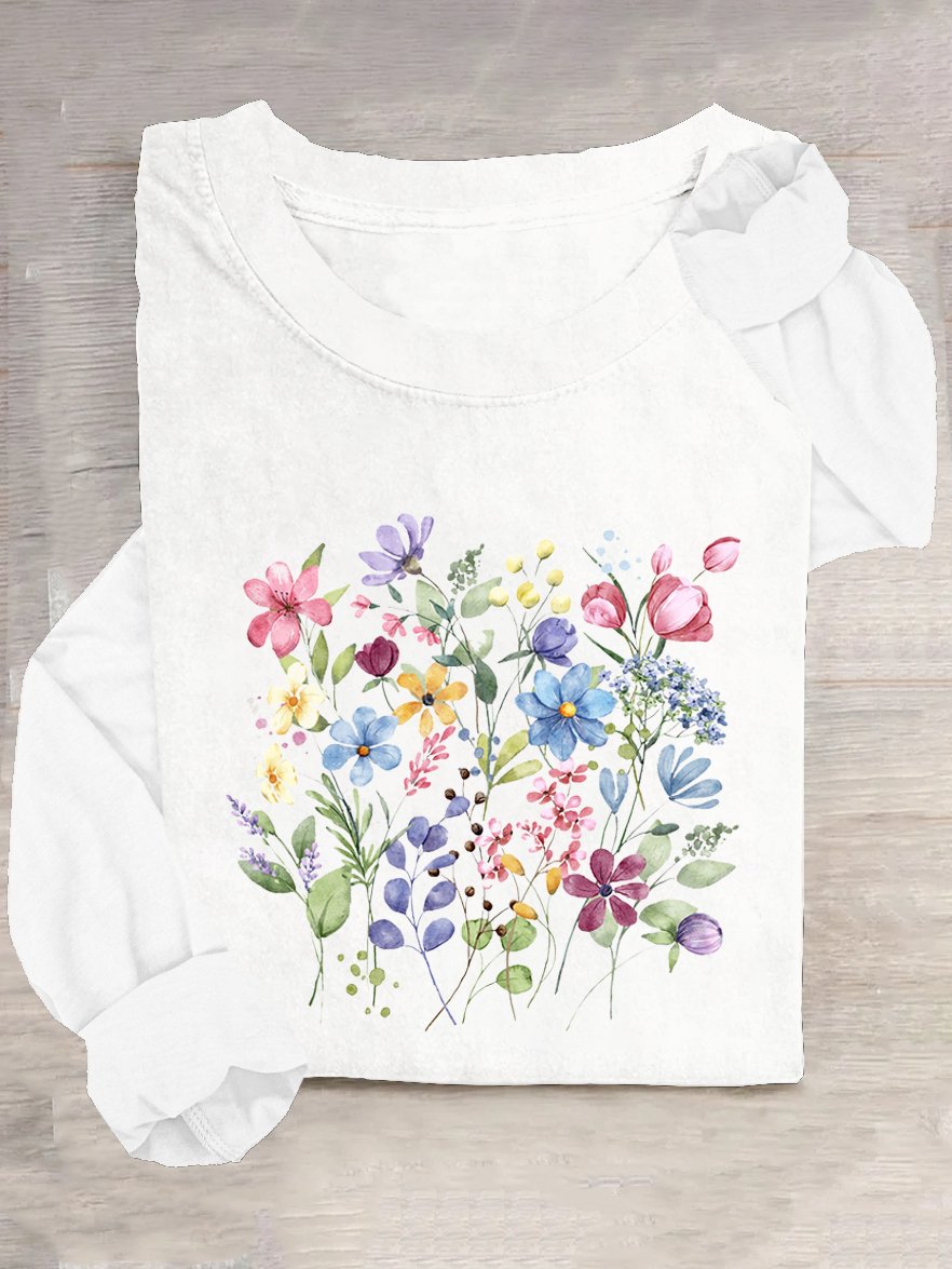 T-shirts Décontracté Floral Printemps / Automne Quotidien Ample Manches Longues Col Rond en Mélangé de Coton Régulier pour Femmes