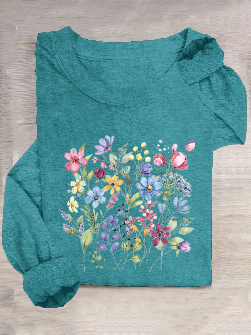 T-shirts Décontracté Floral Printemps / Automne Quotidien Ample Manches Longues Col Rond en Mélangé de Coton Régulier pour Femmes