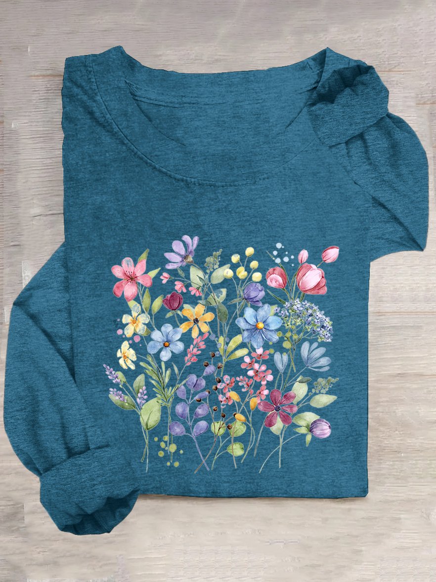 T-shirts Décontracté Floral Printemps / Automne Quotidien Ample Manches Longues Col Rond en Mélangé de Coton Régulier pour Femmes