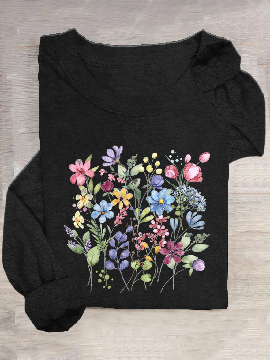 T-shirts Décontracté Floral Printemps / Automne Quotidien Ample Manches Longues Col Rond en Mélangé de Coton Régulier pour Femmes