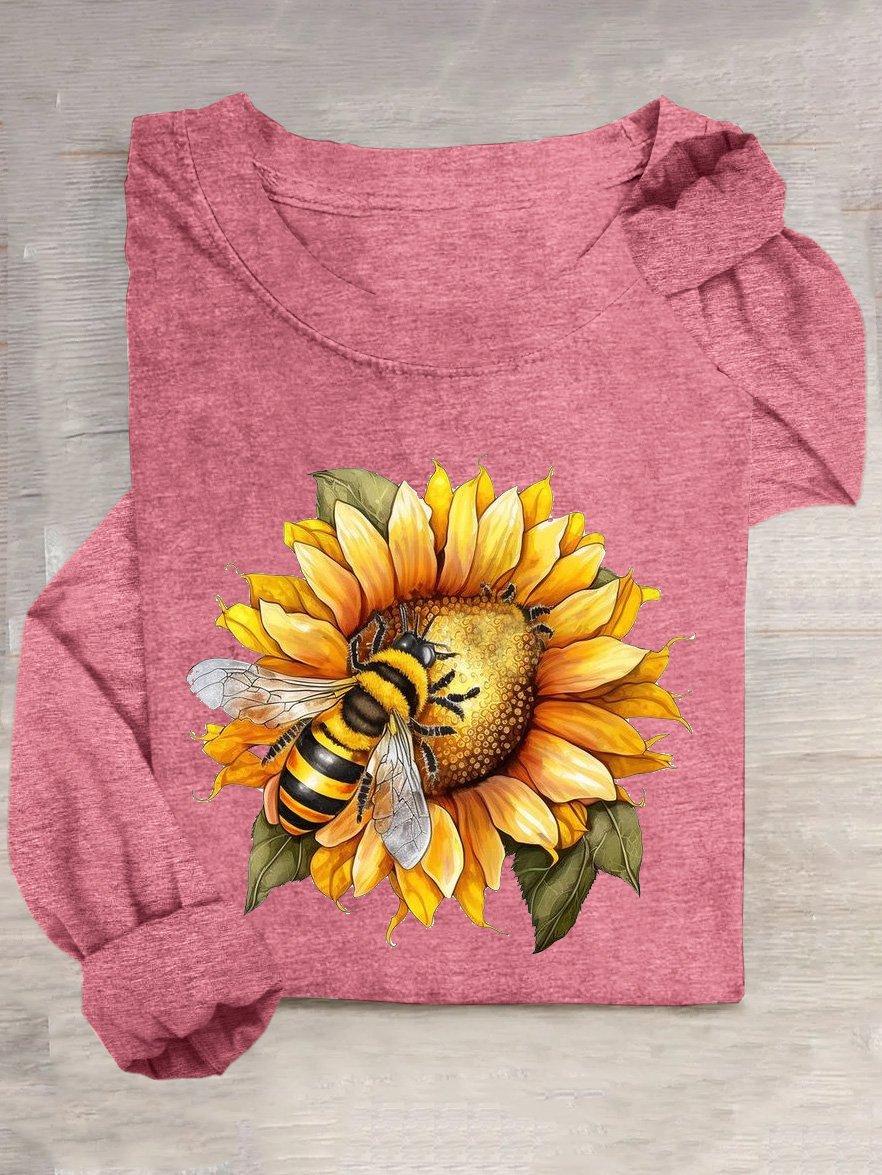 T-shirts Décontracté Printemps / Automne Tournesol Ample Manches Longues Col Rond en Mélangé de Coton Régulier Oui pour Femmes