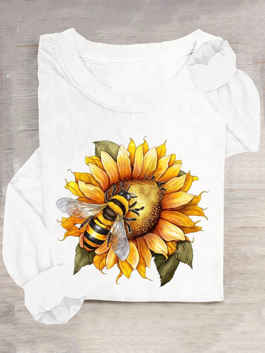 T-shirts Décontracté Printemps / Automne Tournesol Ample Manches Longues Col Rond en Mélangé de Coton Régulier Oui pour Femmes