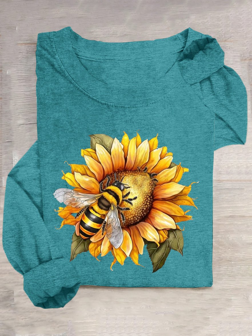 T-shirts Décontracté Printemps / Automne Tournesol Ample Manches Longues Col Rond en Mélangé de Coton Régulier Oui pour Femmes