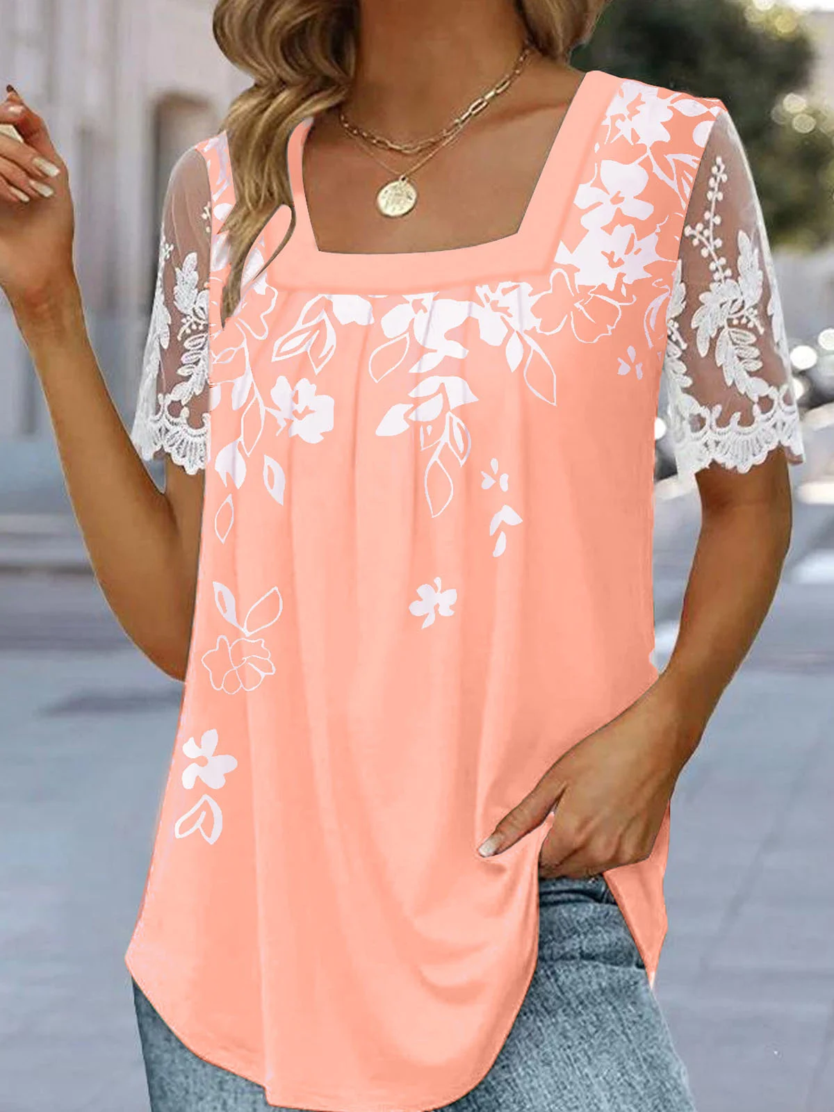 T-shirts Femmes Décontracté Floral Été Polyester Micro-élasticité Dentelle Régulier Droit Régulier