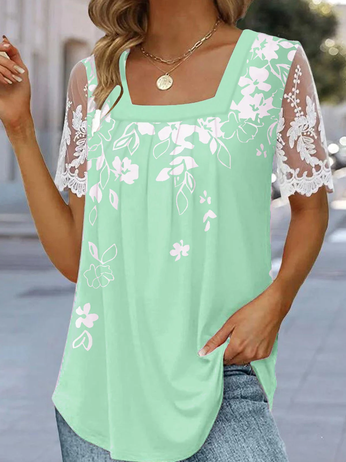 T-shirts Femmes Décontracté Floral Été Polyester Micro-élasticité Dentelle Régulier Droit Régulier
