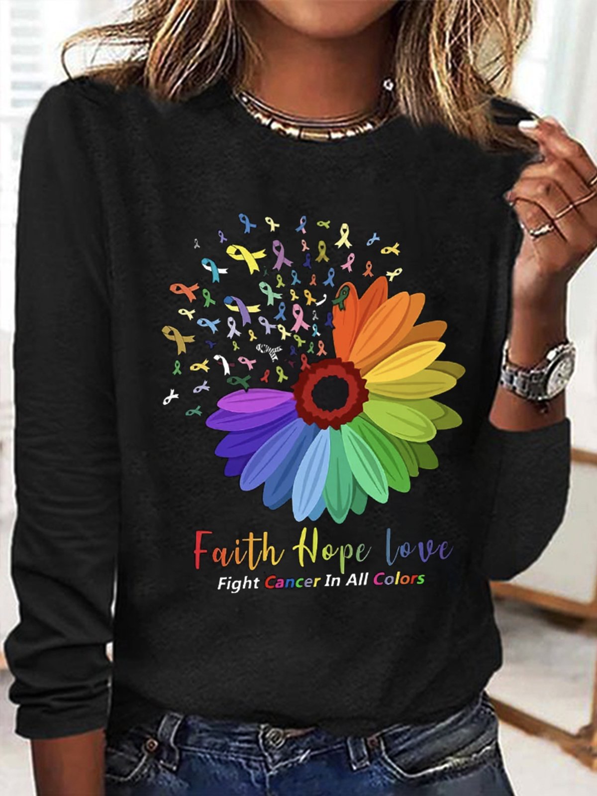 T-shirts Femmes Décontracté Printemps / Automne Imprimé de Lettre Motif Micro-élasticité Ample Manches Longues Col Rond Régulier Trapèze