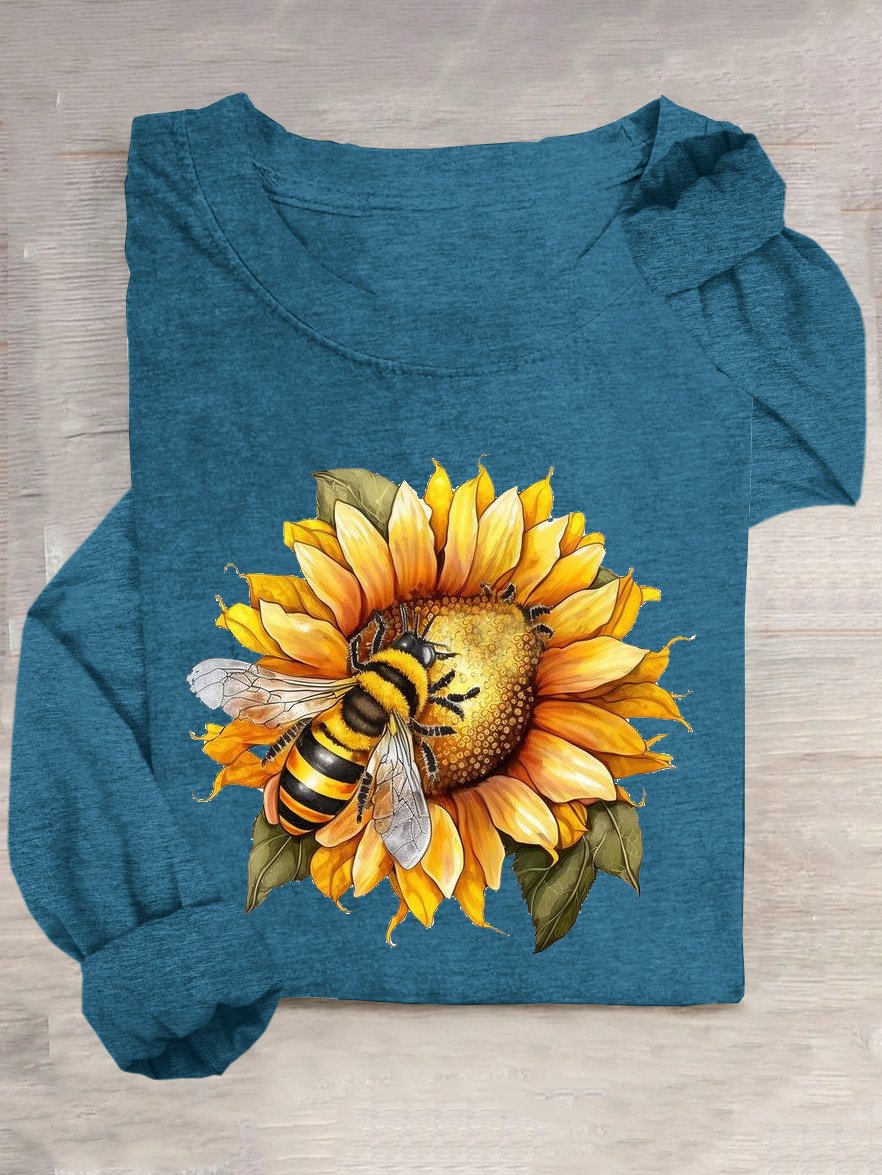 T-shirts Décontracté Printemps / Automne Tournesol Ample Manches Longues Col Rond en Mélangé de Coton Régulier Oui pour Femmes