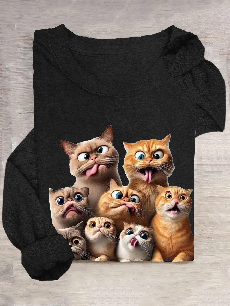 T-shirts Femmes Décontracté Printemps / Automne Chat Ample Col Rond en Mélangé de Coton Régulier Régulier Élasticité moyenne
