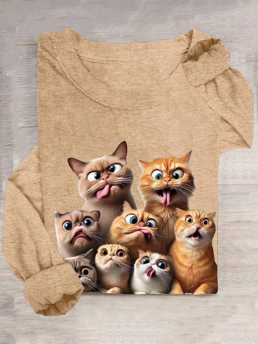 T-shirts Femmes Décontracté Printemps / Automne Chat Ample Col Rond en Mélangé de Coton Régulier Régulier Élasticité moyenne