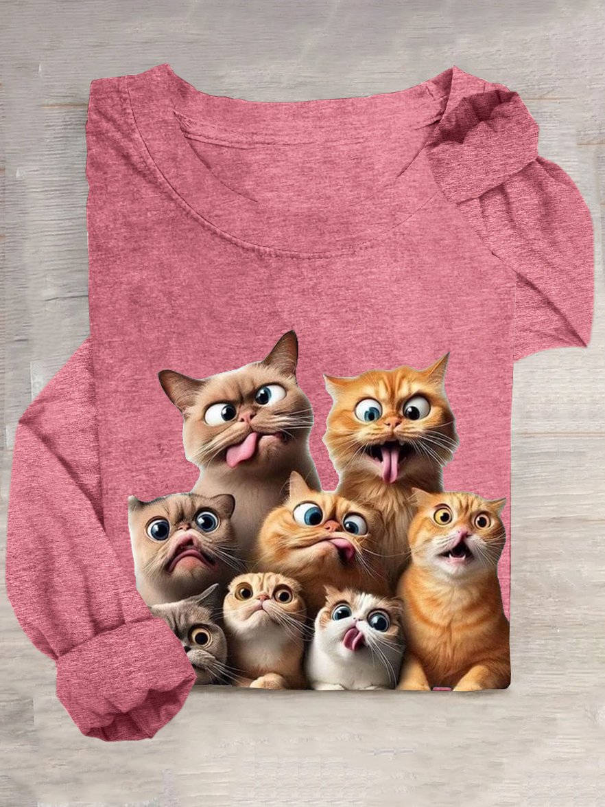 T-shirts Femmes Décontracté Printemps / Automne Chat Ample Col Rond en Mélangé de Coton Régulier Régulier Élasticité moyenne