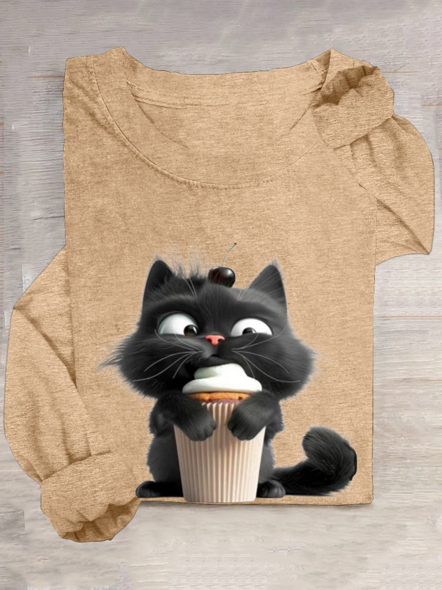 T-shirts Décontracté Printemps / Automne Chat Ample Manches Longues Col Rond en Mélangé de Coton Droit Oui pour Femmes