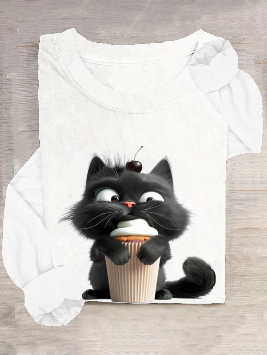 T-shirts Décontracté Printemps / Automne Chat Ample Manches Longues Col Rond en Mélangé de Coton Droit Oui pour Femmes