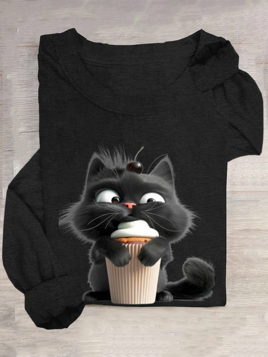 T-shirts Décontracté Printemps / Automne Chat Ample Manches Longues Col Rond en Mélangé de Coton Droit Oui pour Femmes