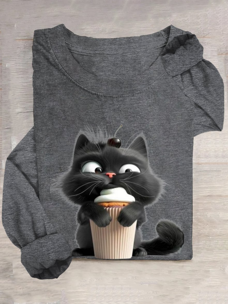 T-shirts Décontracté Printemps / Automne Chat Ample Manches Longues Col Rond en Mélangé de Coton Droit Oui pour Femmes