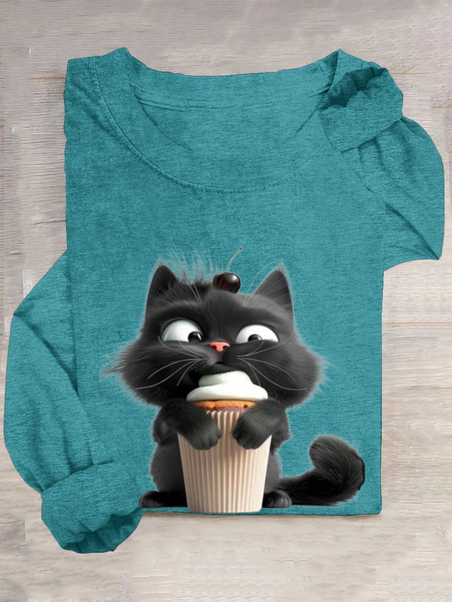 T-shirts Décontracté Printemps / Automne Chat Ample Manches Longues Col Rond en Mélangé de Coton Droit Oui pour Femmes