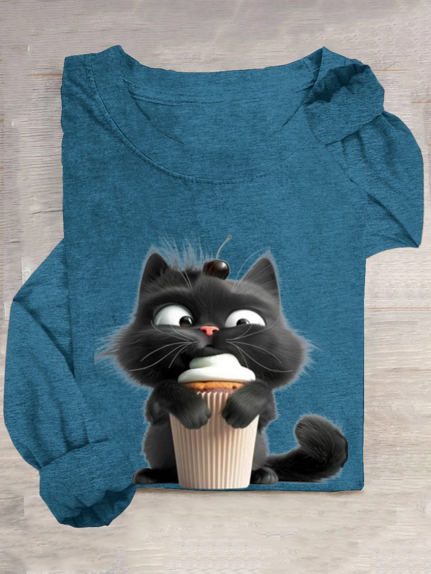 T-shirts Décontracté Printemps / Automne Chat Ample Manches Longues Col Rond en Mélangé de Coton Droit Oui pour Femmes