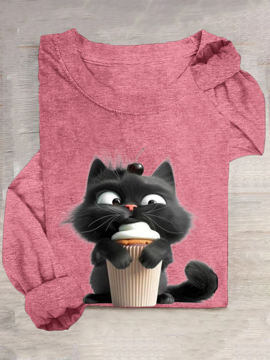 T-shirts Décontracté Printemps / Automne Chat Ample Manches Longues Col Rond en Mélangé de Coton Droit Oui pour Femmes