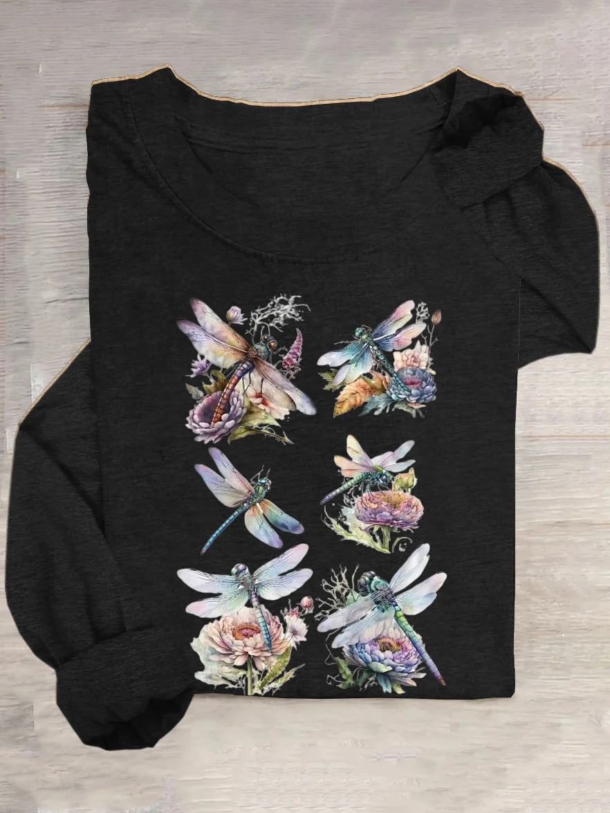 T-shirts Décontracté Libellule Printemps / Automne Quotidien Col Rond en Mélangé de Coton Régulier Régulier Élasticité moyenne pour Femmes