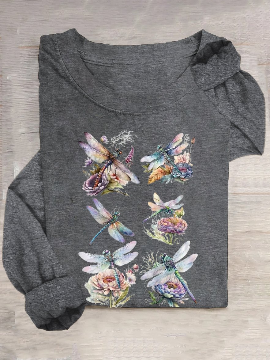 T-shirts Décontracté Libellule Printemps / Automne Quotidien Col Rond en Mélangé de Coton Régulier Régulier Élasticité moyenne pour Femmes