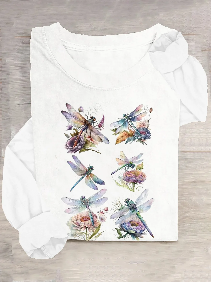 T-shirts Décontracté Libellule Printemps / Automne Quotidien Col Rond en Mélangé de Coton Régulier Régulier Élasticité moyenne pour Femmes