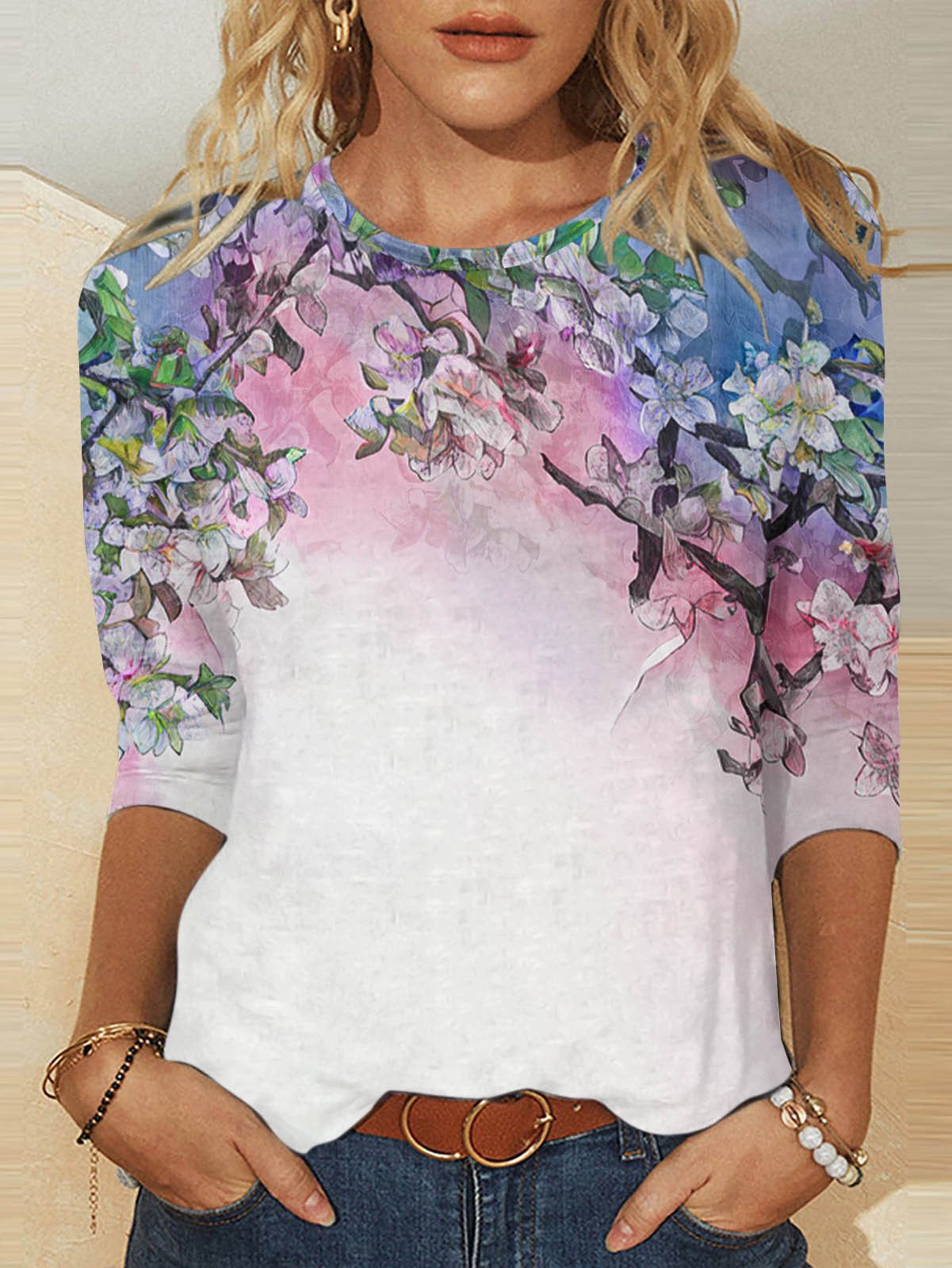 T-shirts Décontracté Floral Printemps / Automne Ample Manches trois quarts Col Rond Régulier Droit Non pour Femmes