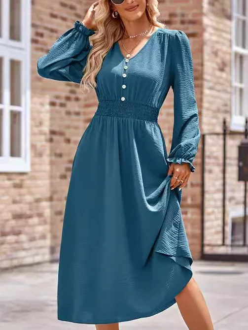 Femmes Plain Bleu Col Rond Confortable Robe Mi-Longue Décontracté