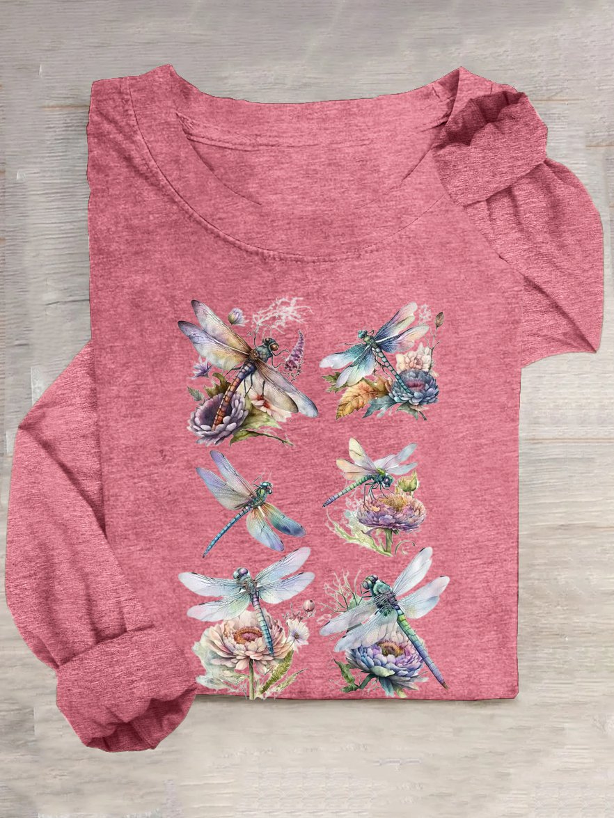 T-shirts Décontracté Libellule Printemps / Automne Quotidien Col Rond en Mélangé de Coton Régulier Régulier Élasticité moyenne pour Femmes